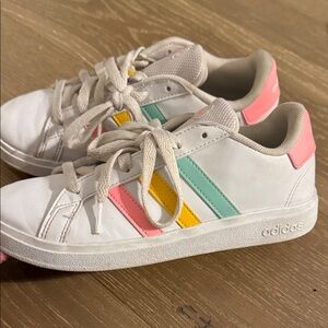 Adidas Kids' White Sneakers with Pink, Yellow, and Green Stripes